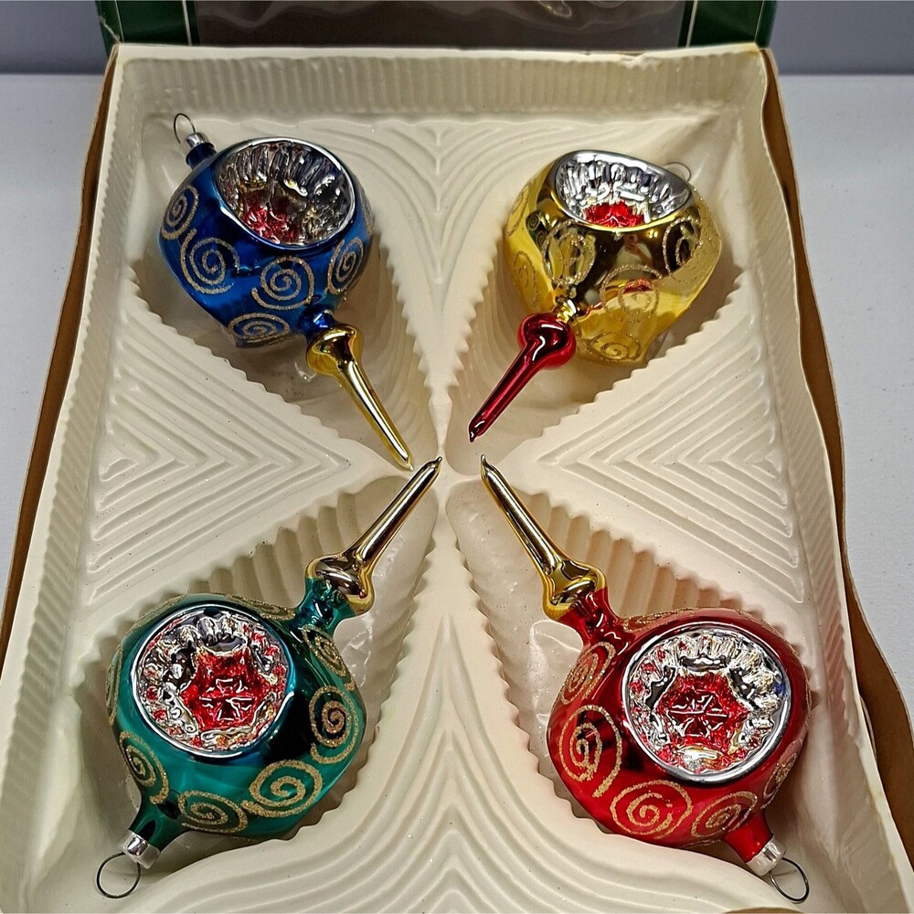 Vtg Bradford Christmas Trimmeries Triple Indent Mercury Glass Ornaments Set 4